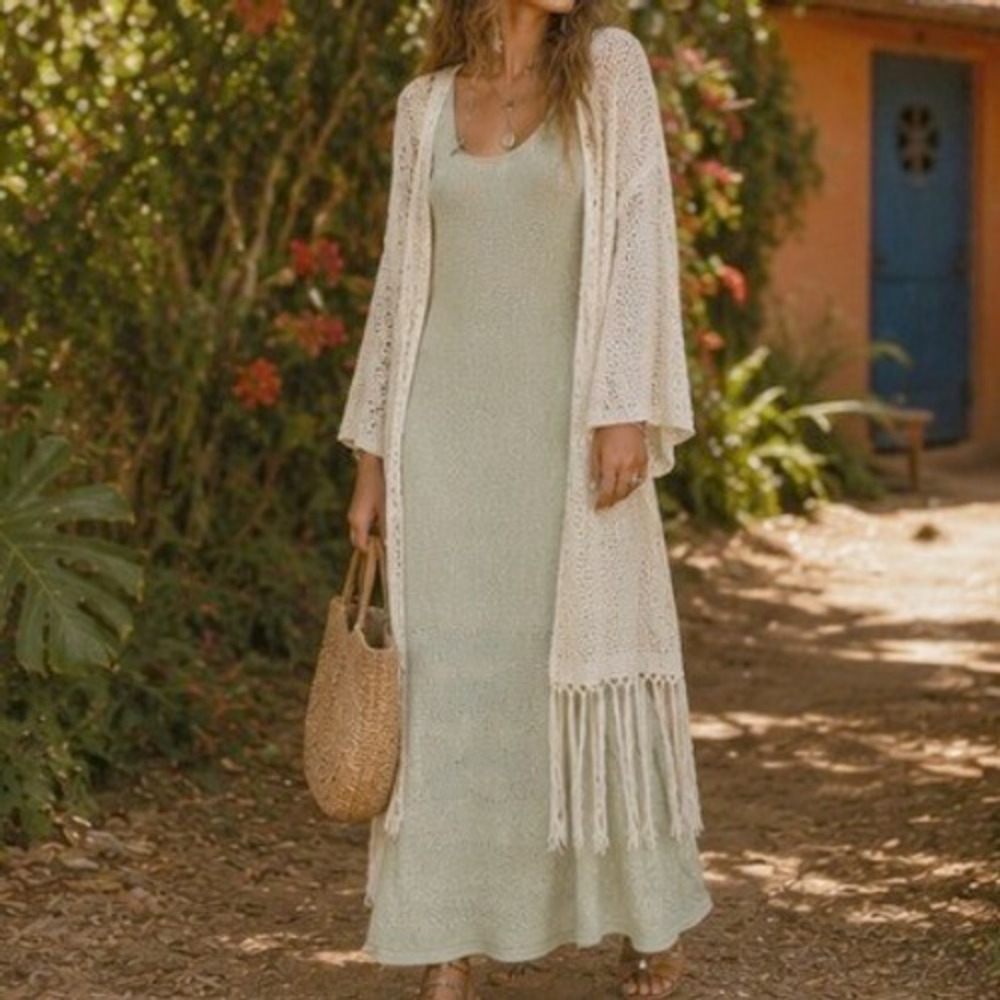 Peruvian Connection Pima Cotton Maxi Dress XS Knit Boho Coastal Beach Minimalist